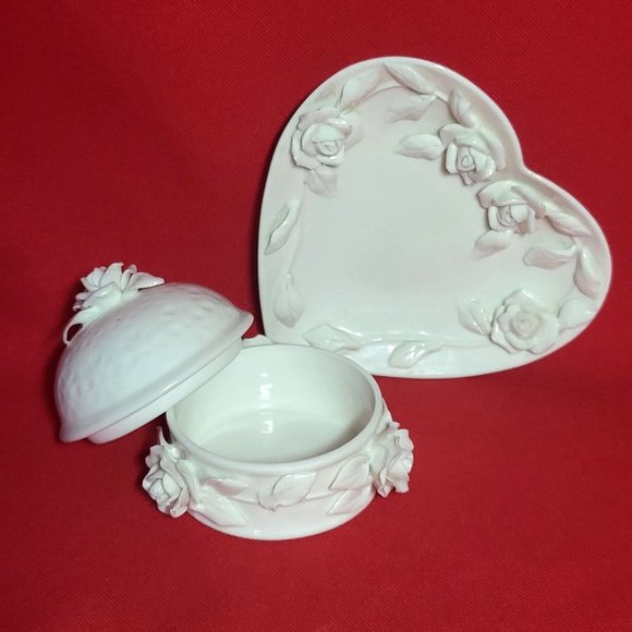 VTG Godinger Porcelain White Rose Dish & Trinket Box - Picture 12 of 14
